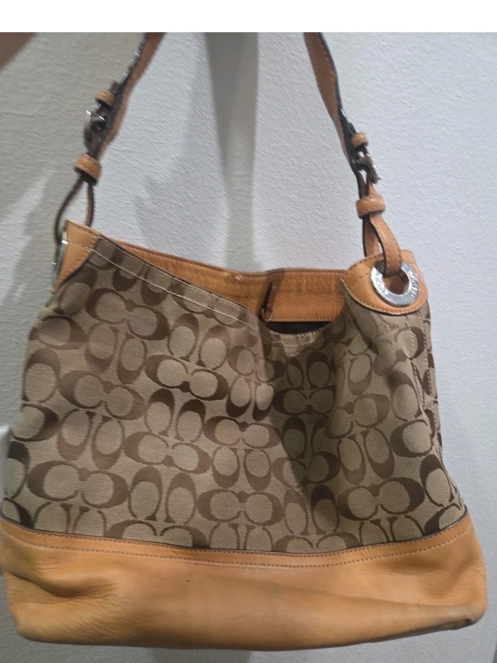 Coach Brown Signature Canvas Shoulder Bag with Tan Leather Trim